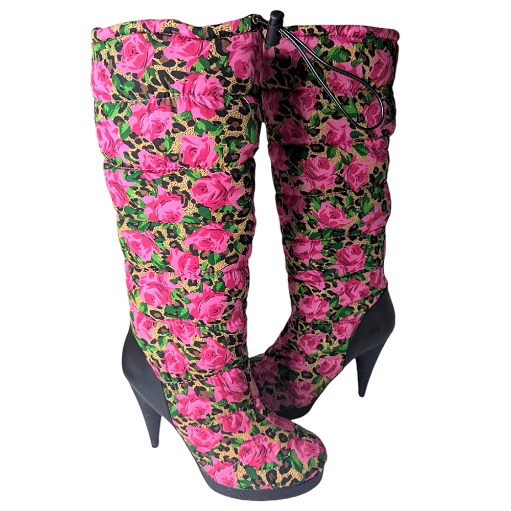 Betsey Johnson Boots Rose Leopard Betseyville Pink Floral 8.5